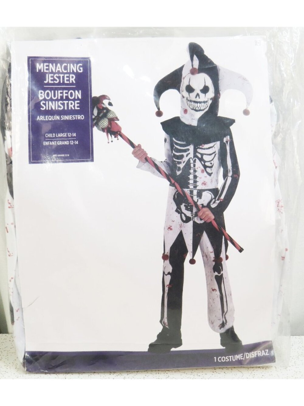 Menacing Jester Halloween Costume Kids Child Large 12-14 Skeleton Amscan NIP